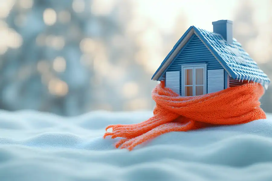 : Roller Brothers Construction—A small blue house in the snow with its windows wrapped with an orange scarf signifying staying protected during winter in Springfield, IL.
