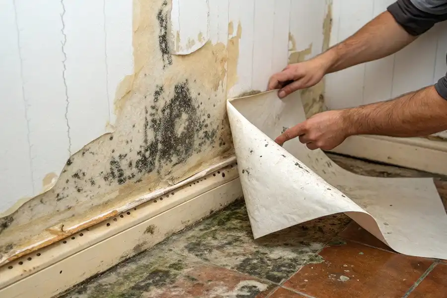 Roller Brothers Construction—Peeling wallpaper to reveal mold and water damage in a Springfield, IL home.