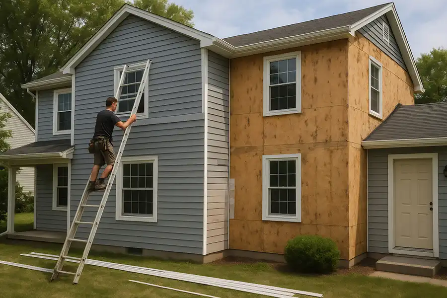 Roller Brothers Construction—A worker is climbing a ladder to install new vinyl siding to a house in Springfield, IL.