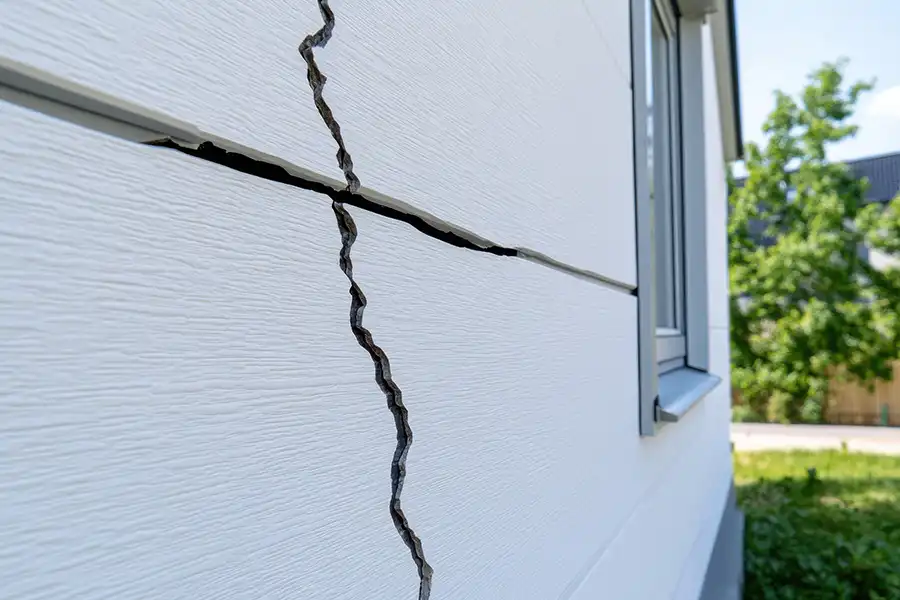 Roller Brothers Construction—A large crack in white vinyl siding of a Springfield, IL house, indicating structural damage.