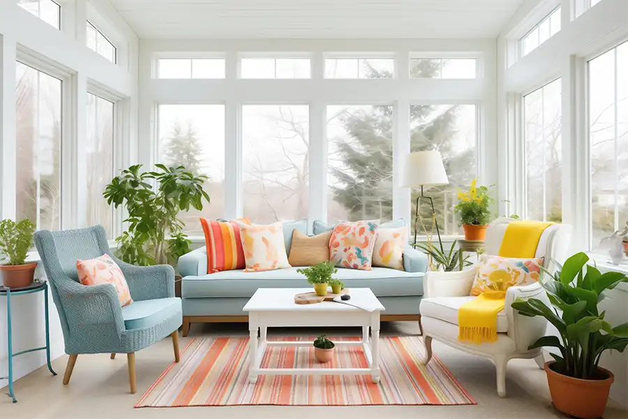 Roller Brothers Construction—A bright sunroom with comfortable seating and plants in a home in Springfield, IL.
