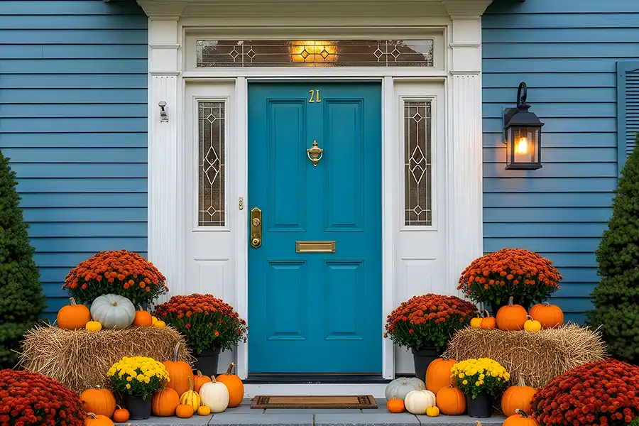 Roller Brothers Construction—A beautiful home with blue siding and autumn decorations